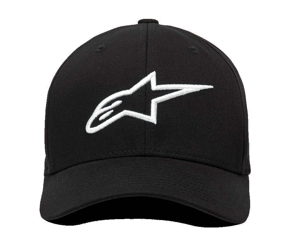 Gorra Alpinestars Ageless Curve, vista frontal, tejido de sarga negro con logotipo de Alpinestars bordado en 3D en blanco, gorra de béisbol con visera curva, estilo deportivo casual