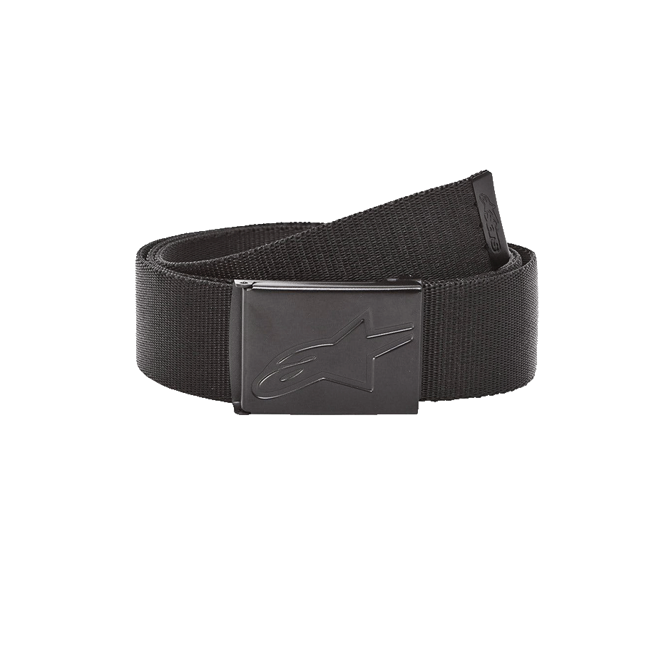 Alpinestars Ageless Web Belt, cinturón tejido negro, hebilla metálica de presión con logo de estrella grabado, punta de metal con logo, accesorio de ropa deportiva casual y duradero