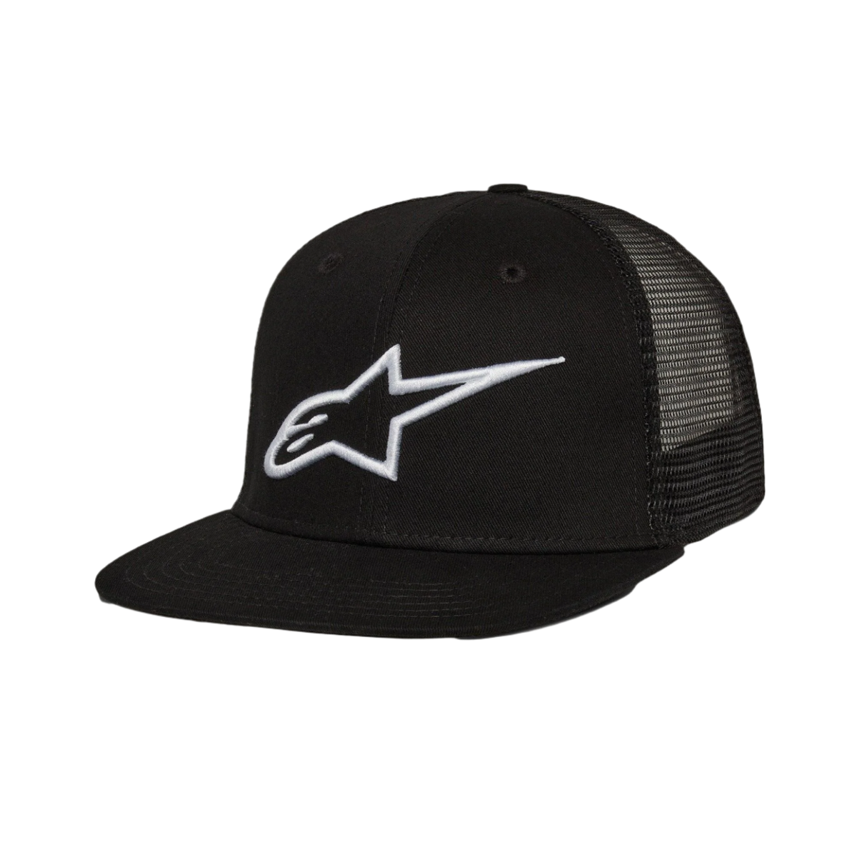 Alpinestars Corp Trucker Hat, gorra trucker de visera plana, color negro, logotipo de Alpinestars bordado en 3D blanco en el frente, paneles traseros de malla, corona estructurada, moda urbana casual de automovilismo