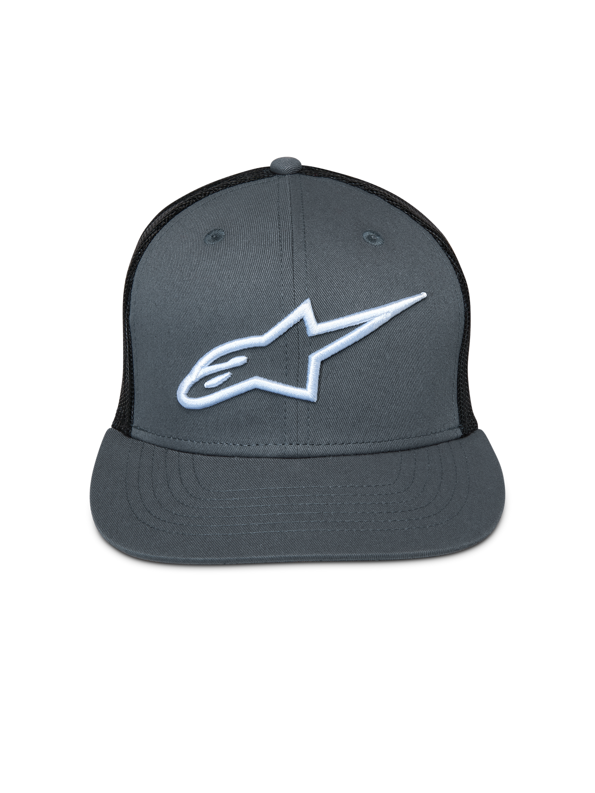 Gorra Alpinestars Corp Trucker, parte frontal gris con malla trasera negra, visera plana, logotipo Astar bordado en blanco, accesorio casual de motociclismo