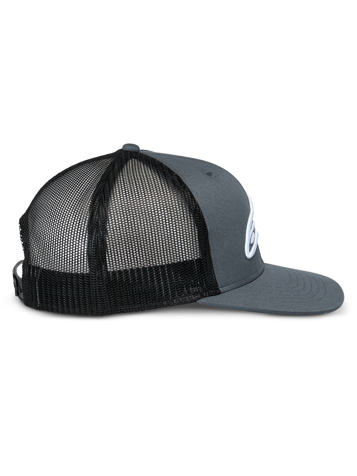 Gorra Alpinestars Corp Trucker, perfil lateral, parte frontal y visera de sarga gris con paneles traseros de malla negra, visera plana, corona estructurada, logotipo bordado blanco, accesorio casual de motorsport