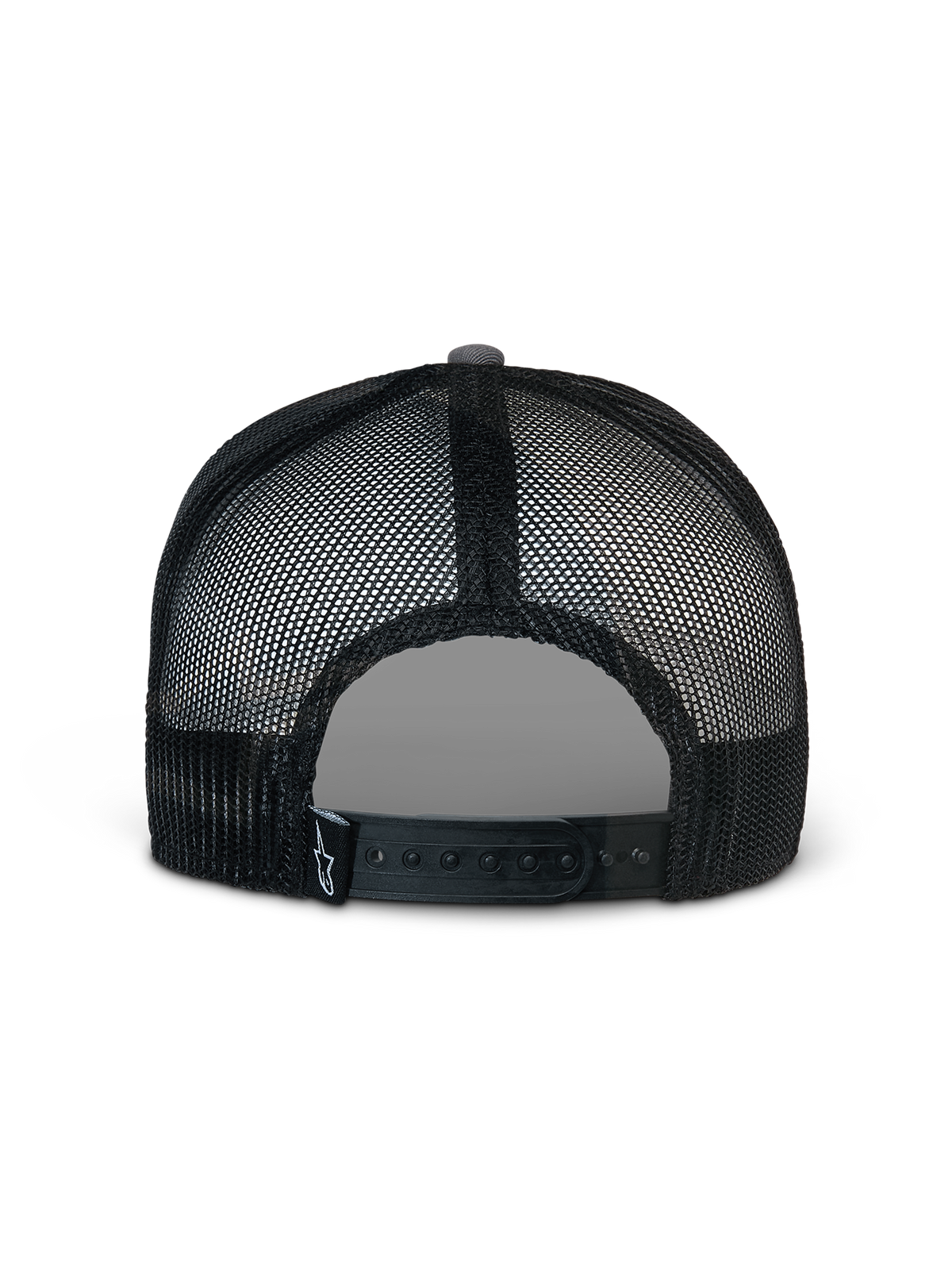 Gorra Alpinestars Corp Trucker, gris y negro, vista posterior con paneles de malla negra y cierre snapback ajustable, pequeño logo de estrella blanca en una etiqueta trasera negra, accesorio deportivo casual