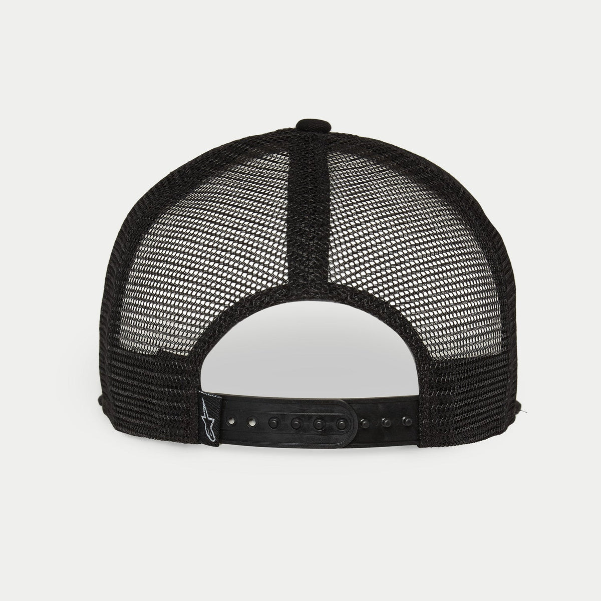 Alpinestars Corp Trucker Hat, White and Black, back view featuring black breathable mesh panels, adjustable snapback closure, small Alpinestars logo on the rear tag, casual motorsport-inspired headwear