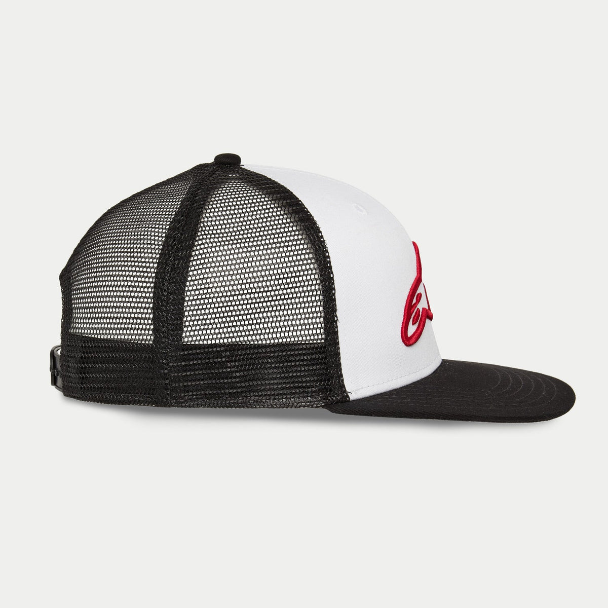 Alpinestars Corp Trucker Hat, White and Black, side profile showing white front panel with red 3D embroidered logo, black flat bill and mesh back, casual motorsport streetwear