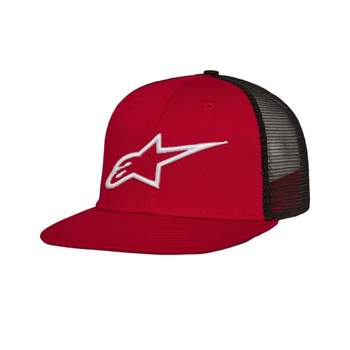 Alpinestars Corp Trucker Hat, Red and Black, Flat Bill Trucker Cap, White 3D Embroidered Logo, Red Twill Front and Black Mesh Back Panels