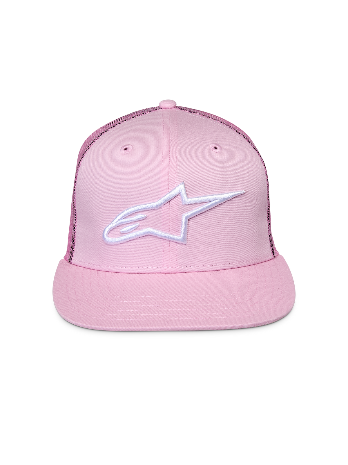 Alpinestars Corp Trucker Hat, Pink, featuring white embroidered logo on front, flat bill with structured crown, mesh back panels, casual motorsport headwear