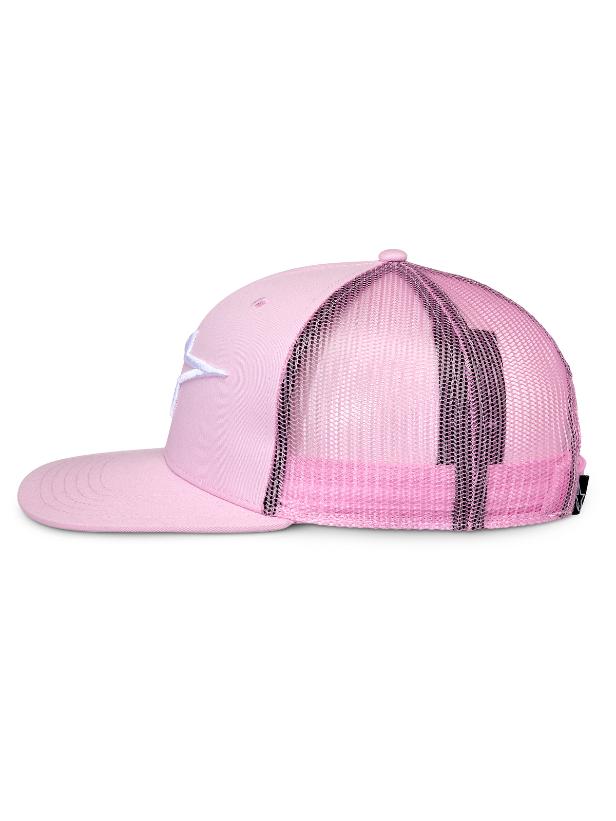 Alpinestars Corp Trucker Hat, Pink, side profile, flat bill and structured crown, white embroidered logo on twill front, pink mesh back, adjustable snapback design, casual sportswear