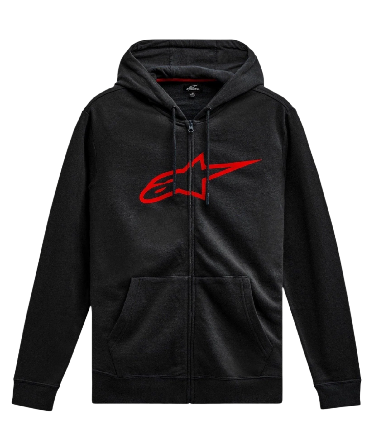 Sudadera con capucha Alpinestars Ageless Zip V3, ropa urbana casual de automovilismo, negra con logotipo rojo de Astars, cremallera frontal completa, capucha con cordón, manga larga, puños y dobladillo acanalados