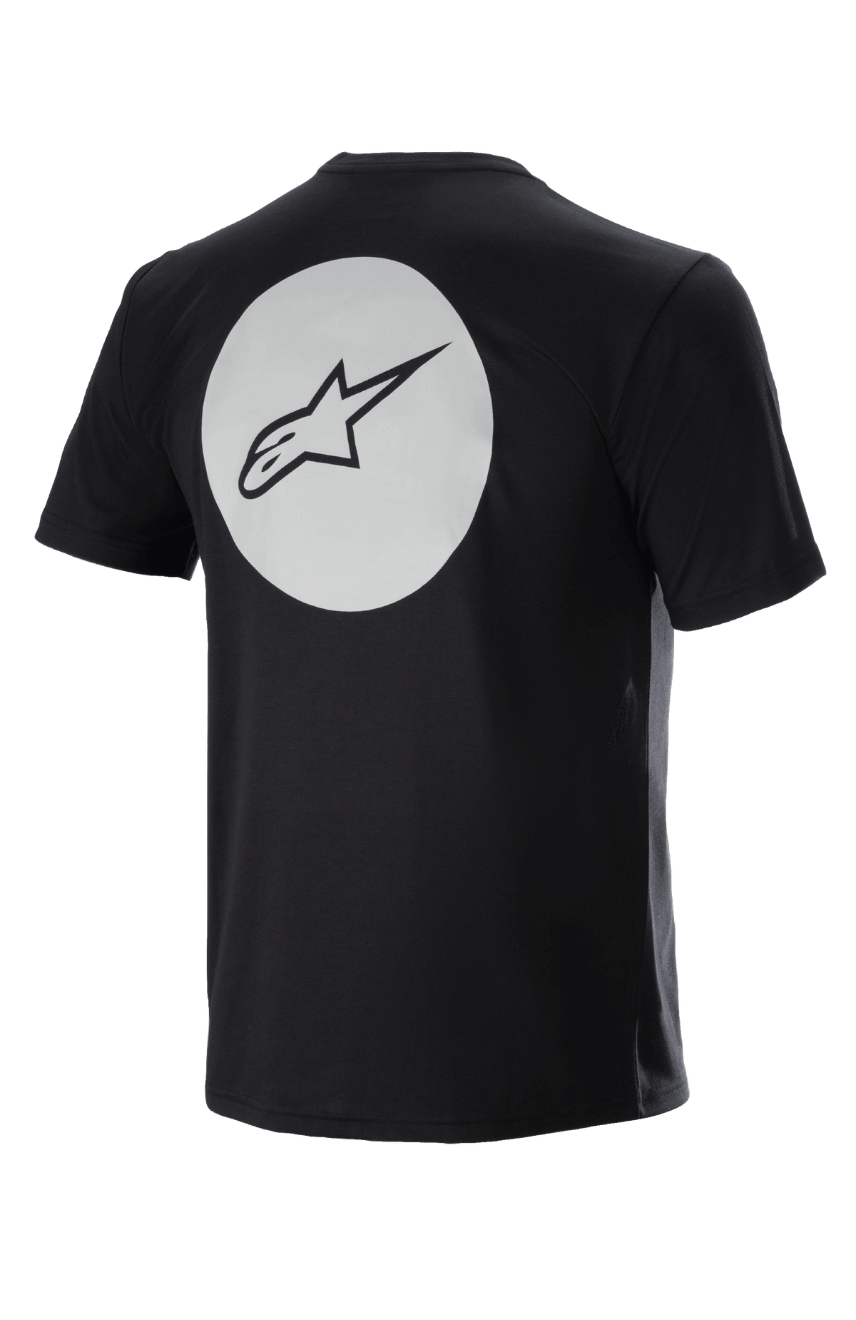 Alpinestars Dot Tech Tee, camiseta de ciclismo de manga corta, negra, vista posterior con un círculo blanco grande y el logotipo A-star negro, tejido DriRelease con absorción de humedad para ciclismo de montaña