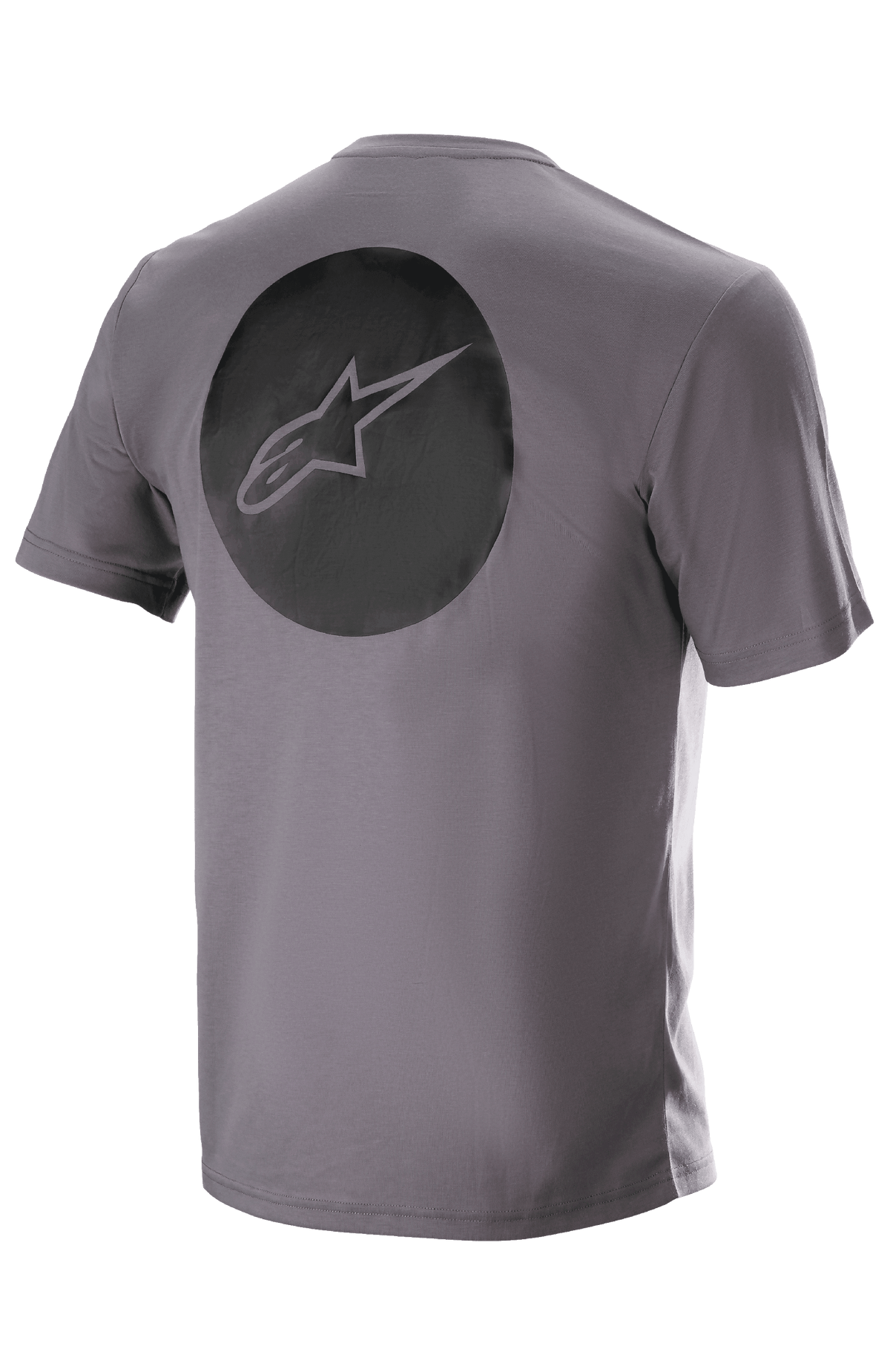 Camiseta Alpinestars Dot Tech de manga corta, Gris Sparrow, vista trasera con un gran gráfico circular negro y el logotipo de la estrella de Alpinestars, prenda técnica de MTB con absorción de humedad
