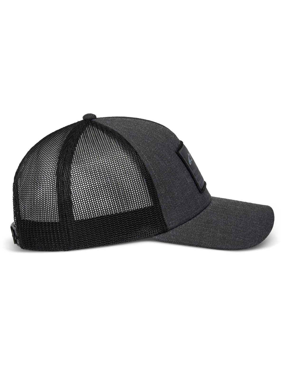 Alpinestars Flag Snapback Hat in Charcoal Heather Black, side profile view showing the curved bill, structured twill front panel with a merrow patch, and breathable polyester mesh back.