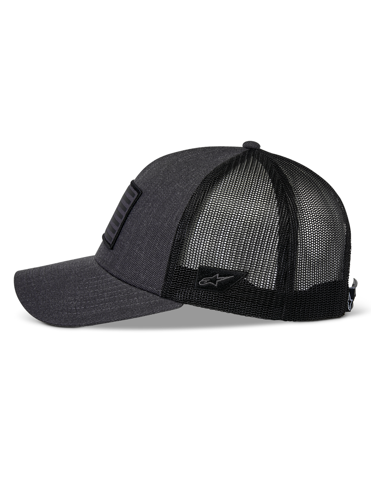 Alpinestars Flag Snapback Hat, Charcoal Heather and Black, side profile view, curved bill with structured crown, twill front and black poly mesh back, small Astars logo patch on the side, casual motorsport headwear