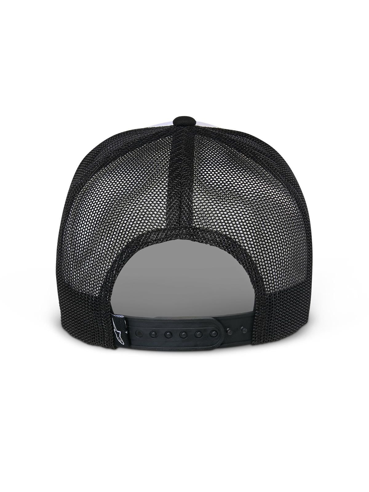 Gorra Snapback Flag de Alpinestars, blanca y negra, vista trasera que muestra paneles de malla negros y cierre snapback ajustable, accesorio casual de motorsport