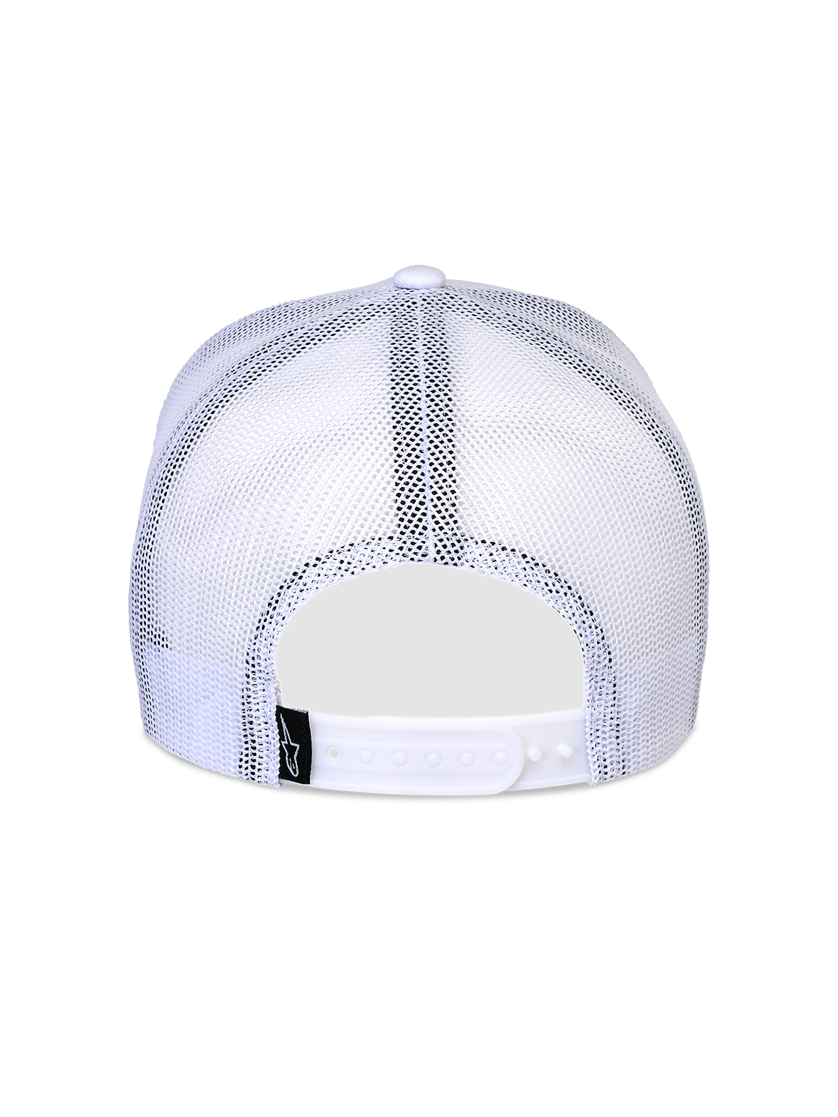 Gorra Alpinestars Flag Snapback, blanca, vista trasera con paneles de malla blanca transpirable, cierre ajustable snapback y pequeña etiqueta negra con el logo, diseño clásico de gorra trucker
