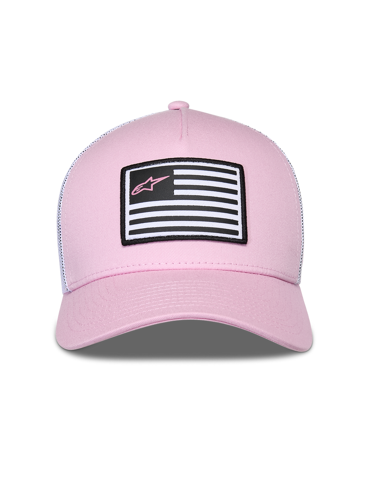 Alpinestars Flag Snapback Hat, Pink and White, featuring a pink twill front and white mesh back, curved bill, front patch with flag design and pink Astars logo, casual motorsport streetwear