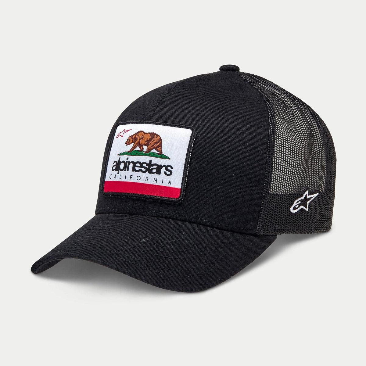 Gorra Alpinestars Cali 2.0, gorra negra estilo trucker, parche tejido con el oso de California y la marca Alpinestars, visera curvada, parte trasera de malla transpirable, logotipo de estrella bordado en blanco en el lateral