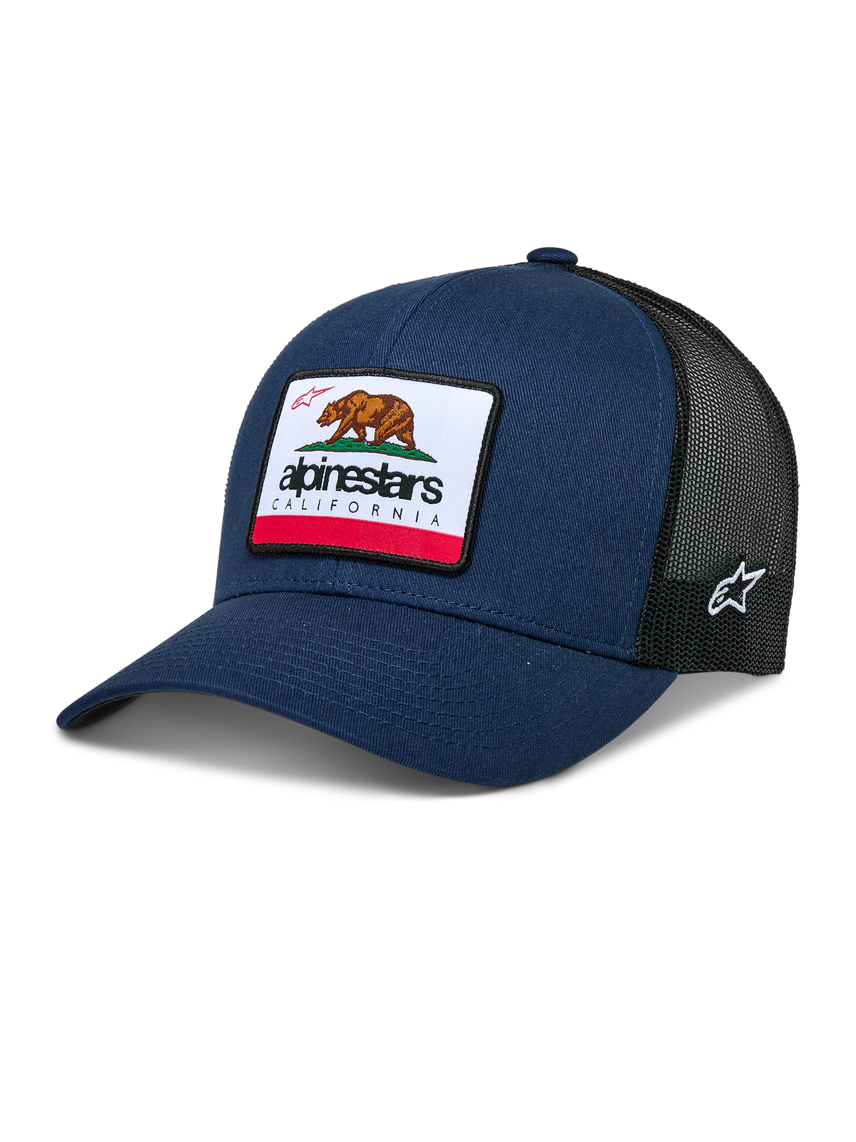 Alpinestars Cali 2.0 Hat, gorra tipo trucker azul marino y negro, con un gran parche del oso de California y el logotipo de Alpinestars, visera curva, panel de malla negra transpirable, accesorio casual de estilo motorsport
