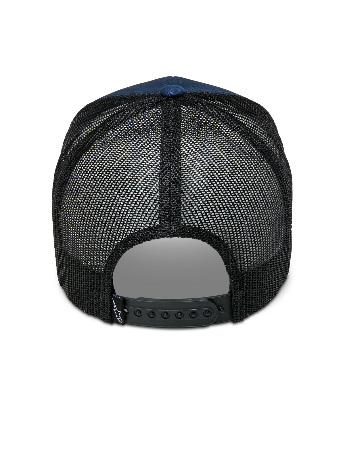 Gorra Alpinestars Cali 2.0, azul marino y negro, vista posterior con malla de poliéster transpirable, cierre a presión ajustable negro y pequeña etiqueta con logo, diseño de gorra trucker casual
