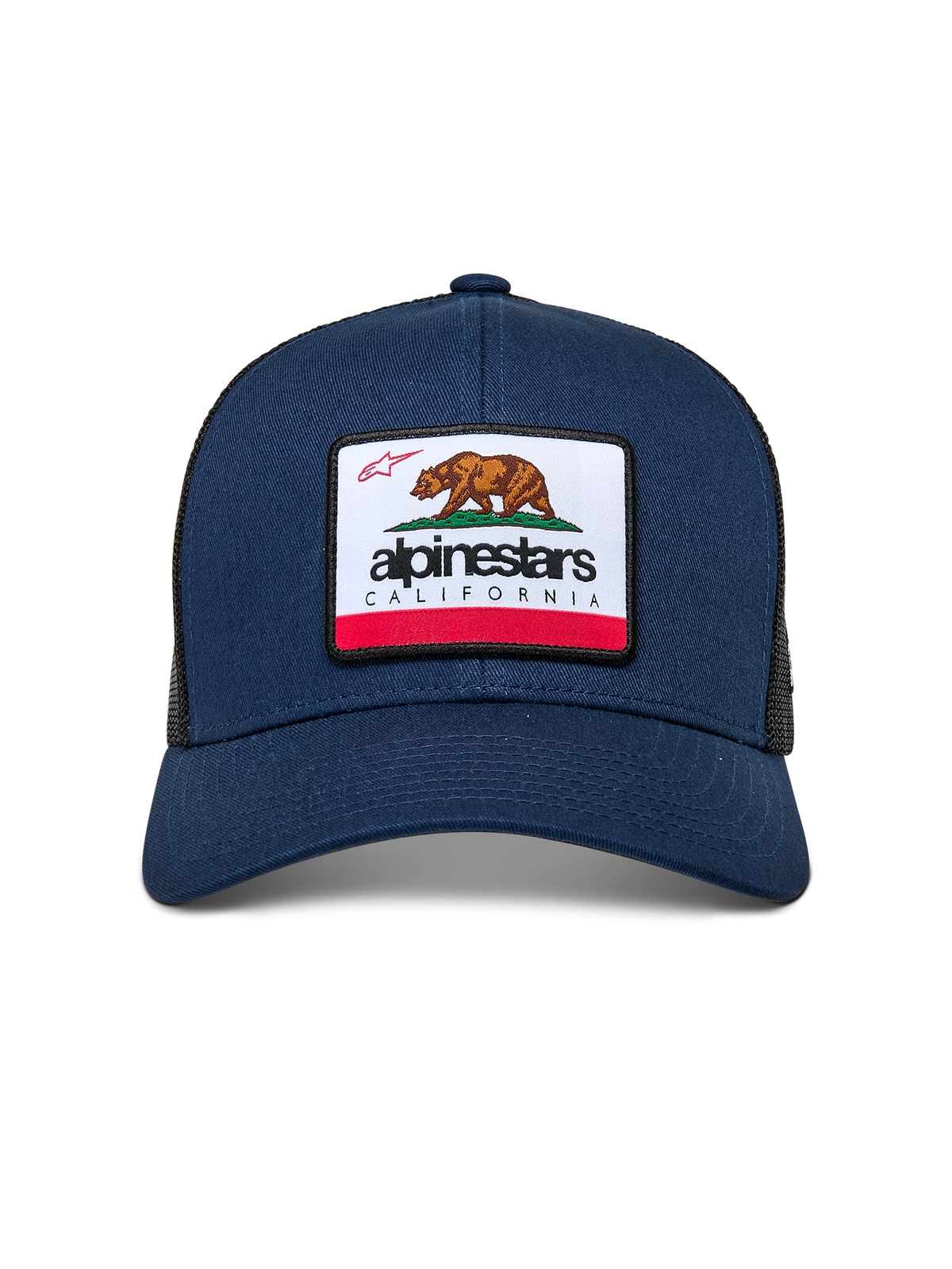Gorra Alpinestars Cali 2.0, azul marino, con un parche tejido de borde merrow que incluye un oso de California y la marca Alpinestars, visera curva, corona estructurada con parte posterior de malla de poliéster, estilo urbano casual de motorista