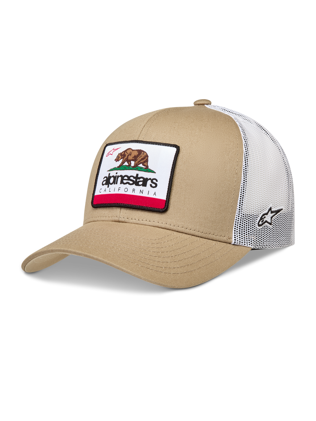 Alpinestars Cali 2.0, gorra tipo trucker color arena y blanca, con parte trasera de malla y parche tejido del oso de California