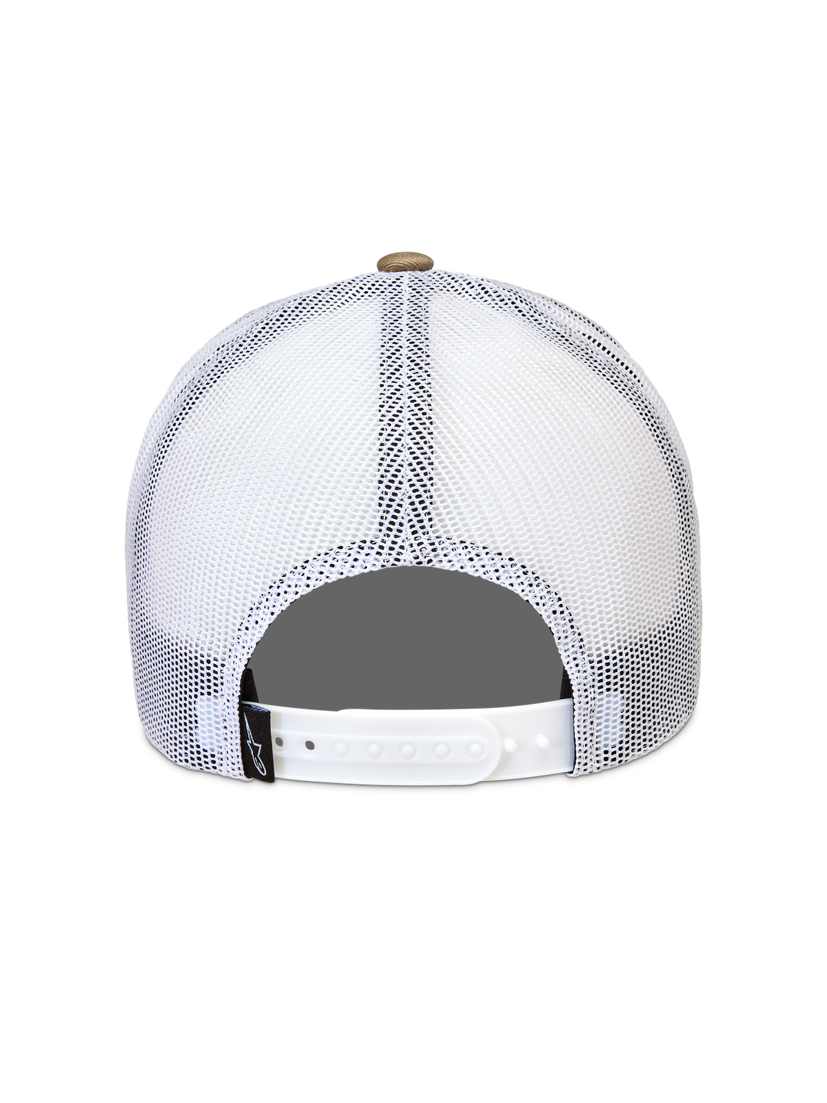 Alpinestars Cali 2.0, gorra de estilo trucker, arena y blanca, con parte trasera de malla transpirable y cierre snapback ajustable, ropa deportiva casual
