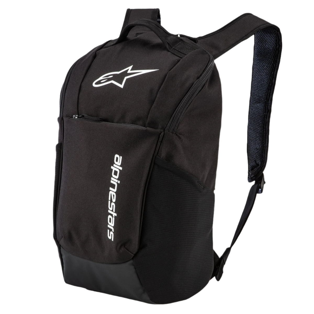 Mochila Alpinestars Defcon V2, negra, mochila diaria de tamaño pequeño con logotipo blanco impreso y marca vertical, con bolsillos laterales de malla y correas de hombro de malla transpirable, diseño de poliéster 600D duradero