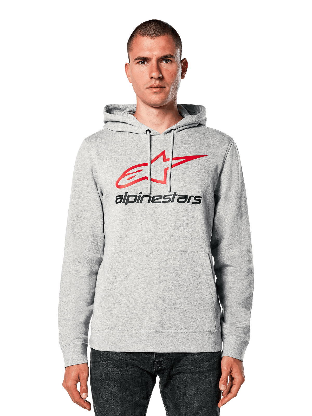 Alpinestars Always V3 Hoodie, Light Grey Heather with Red and Black Star Logo, worn by a model, casual streetwear, drawstring hood, front pouch pocket, motorsport heritage design