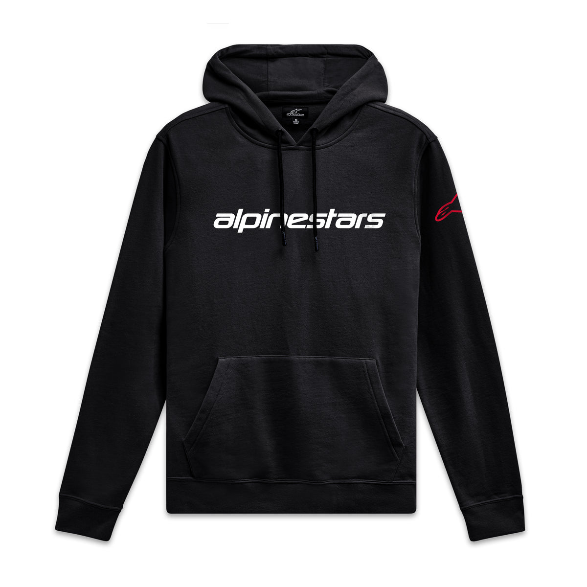 Alpinestars Linear Wordmark V3 Hoodie, black pullover sportswear hoodie with white front chest logo and red sleeve branding
