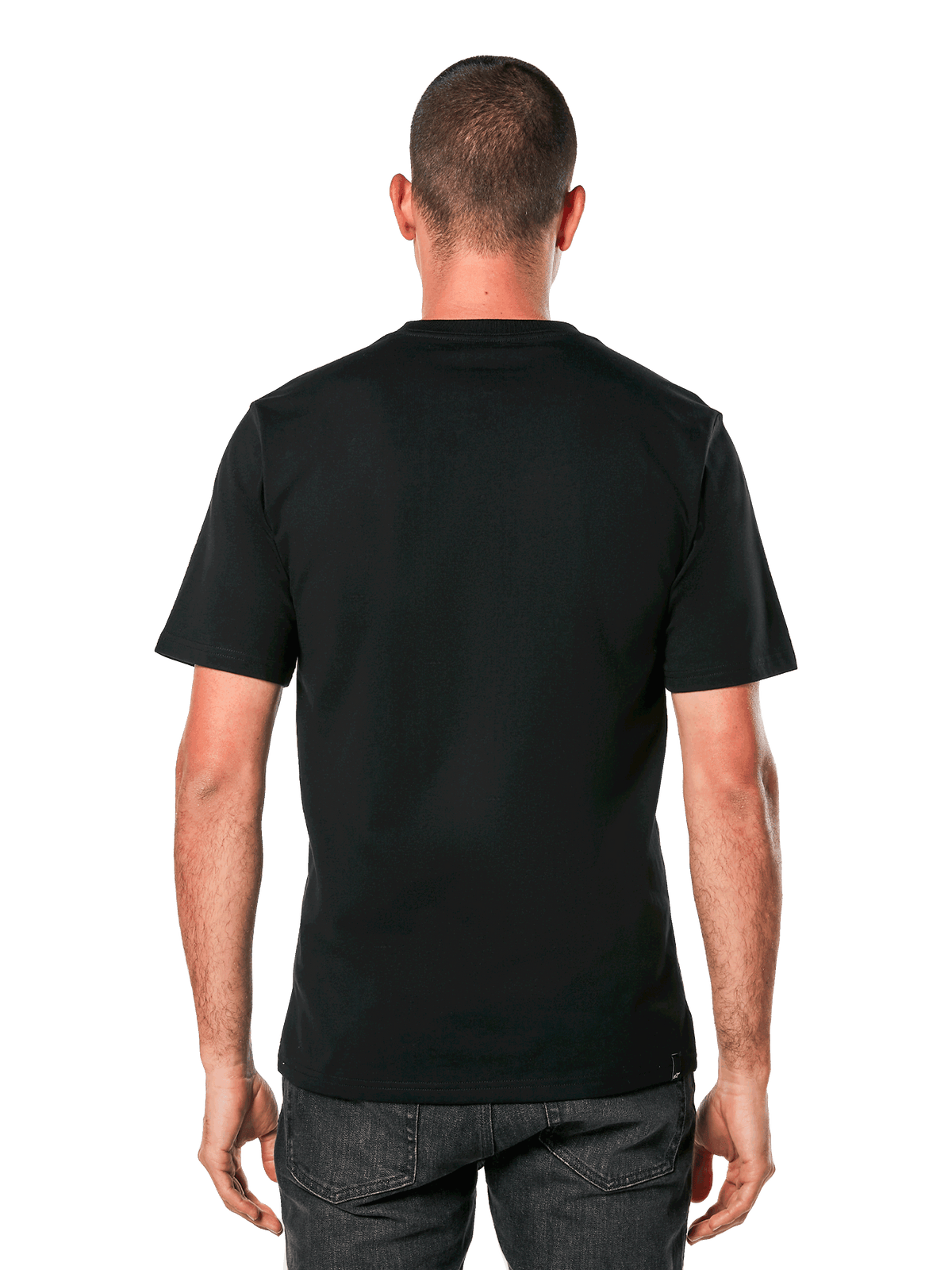Alpinestars Ageless 2.0 CSF Tee, camiseta de manga corta, negra, vista trasera en modelo, diseño liso con ajuste de corte y costura, ropa deportiva casual inspirada en el automovilismo
