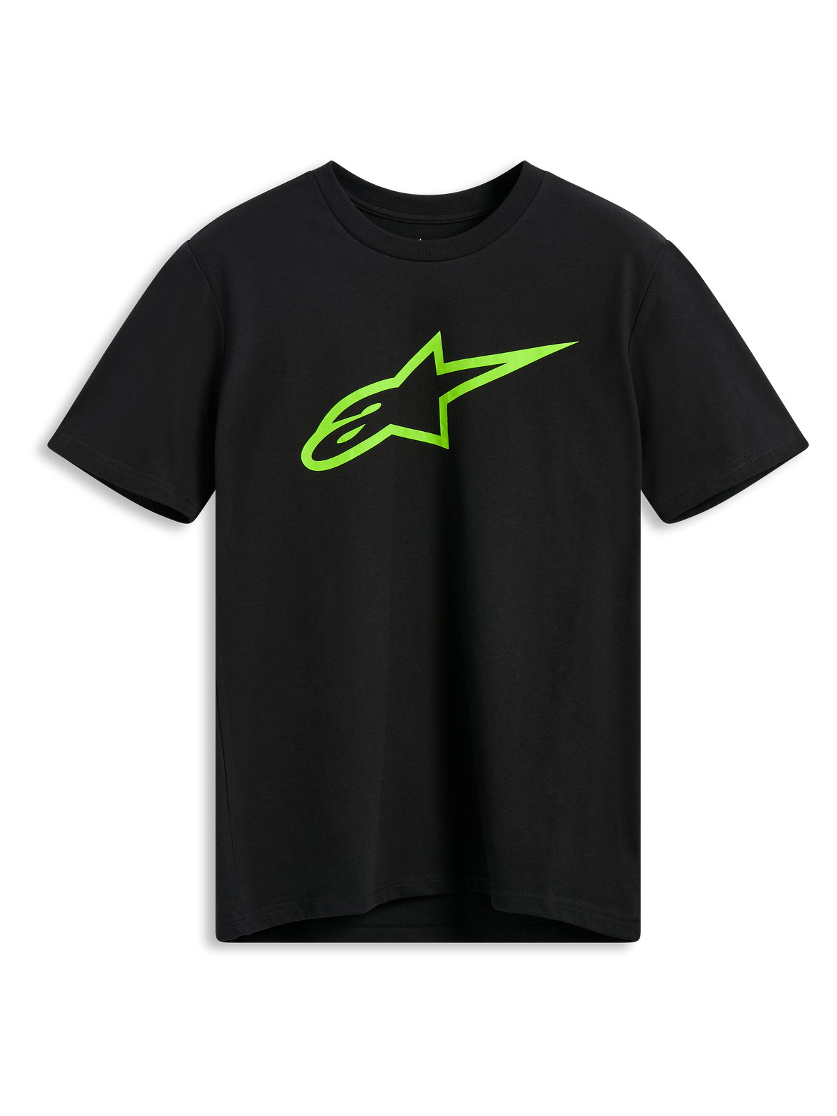 Camiseta Alpinestars Ageless 2.0 CSF, camiseta de manga corta en color negro con el logo Alpinestars Astar en verde lima, ropa casual de estilo motorsport y streetwear
