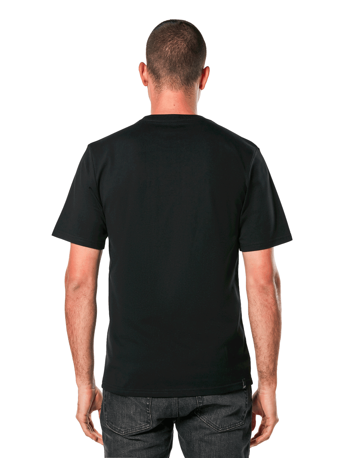 Alpinestars Always 2.0 CSF Tee, camiseta de manga corta, negra, vista posterior que muestra el diseño liso de la espalda, usada por un modelo, ropa casual urbana de estilo motorsport