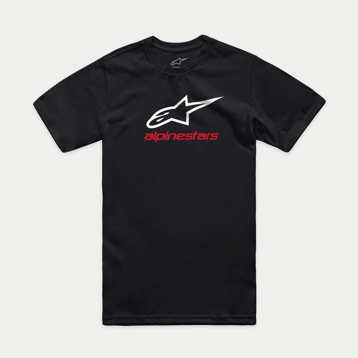 Alpinestars Always 2.0 CSF Tee, camiseta de manga corta, negra, logo de estrella blanco con texto Alpinestars en rojo, ropa casual urbana estilo motorsport