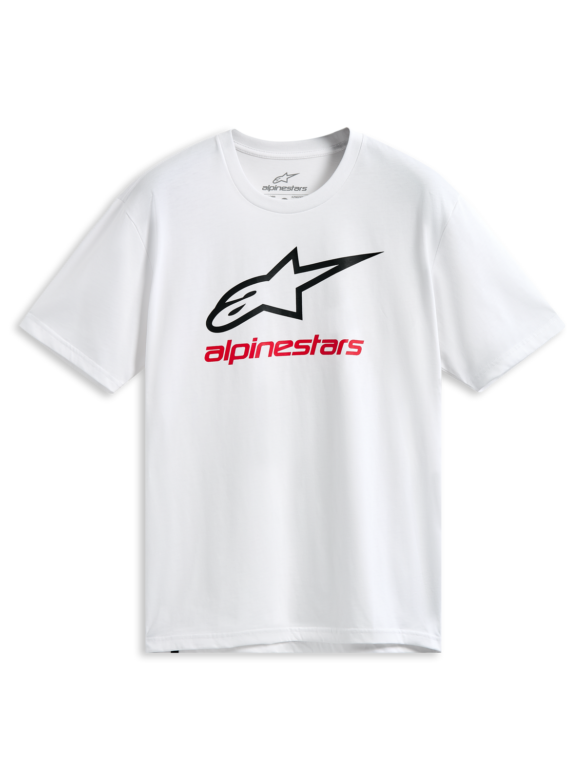 Camiseta Alpinestars Always 2.0 CSF, camiseta de manga corta blanca, logotipo Astars perfilado en negro y gráfico Alpinestars en rojo, ropa deportiva casual de motor