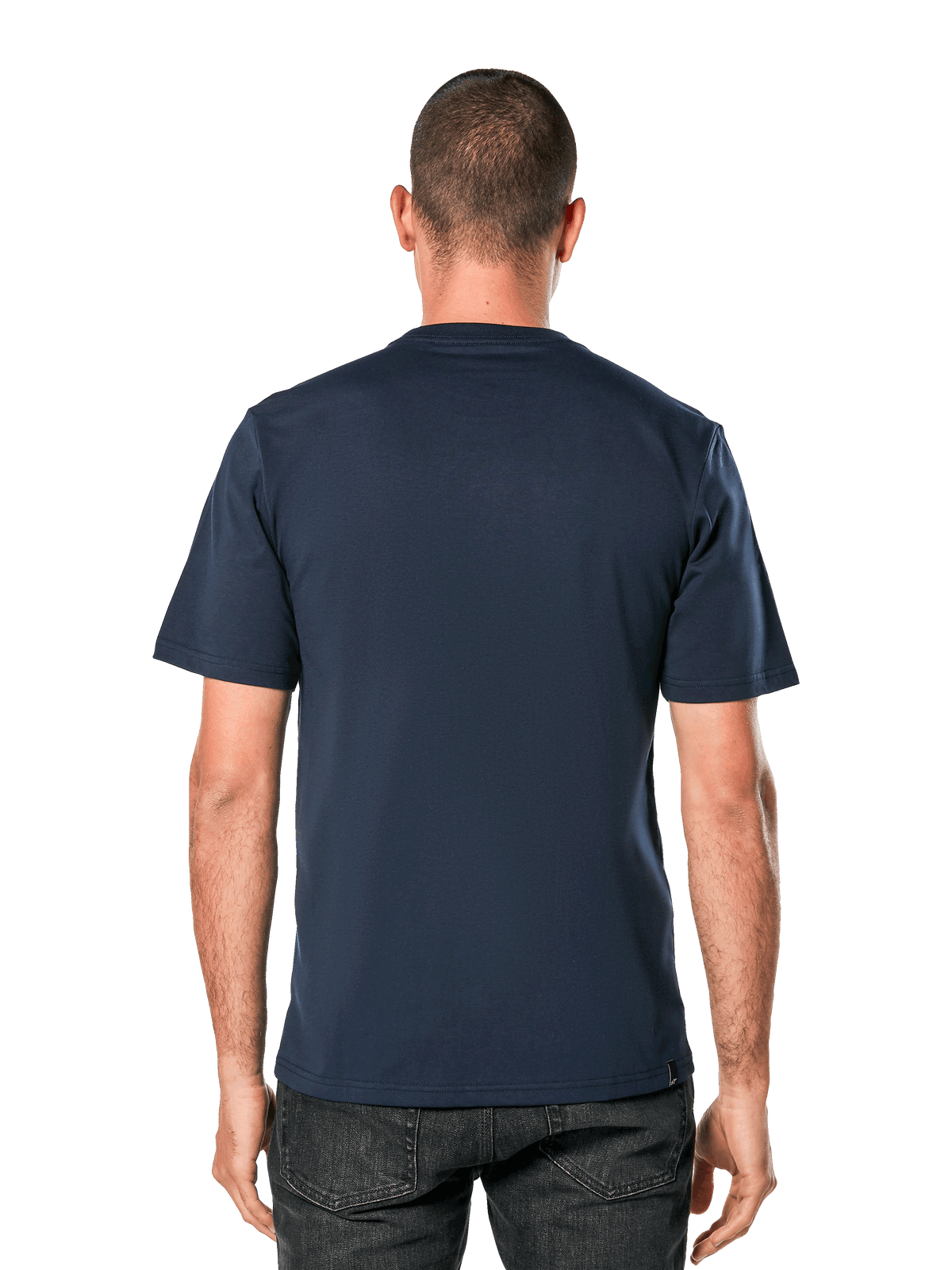 Alpinestars Blaze 2.0 CSF Tee, camiseta de manga corta, azul marino, vista posterior en modelo, ropa urbana casual inspirada en el automovilismo
