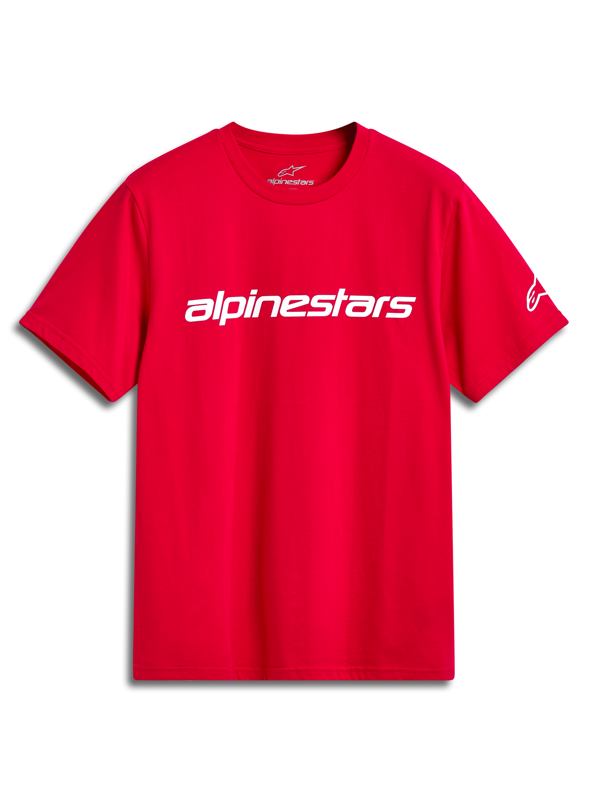 Alpinestars T-Shirt Linear Wordmark 2.0 CSF, camiseta de mangas cortas roja con logotipo blanco en el pecho y logo en la manga, ropa deportiva