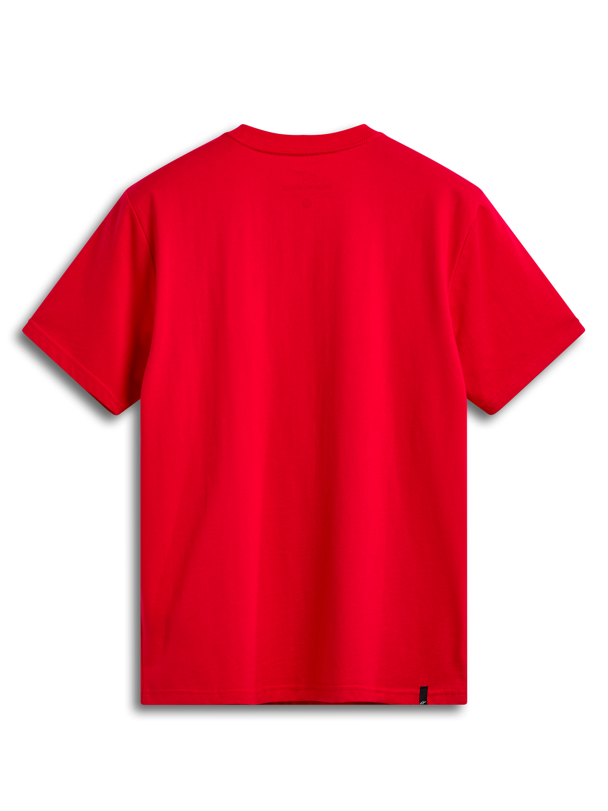 Alpinestars Linear Wordmark 2.0 CSF Tee, camiseta de mangas cortas roja, vista trasera que muestra estampado interior en el cuello y etiqueta exterior
