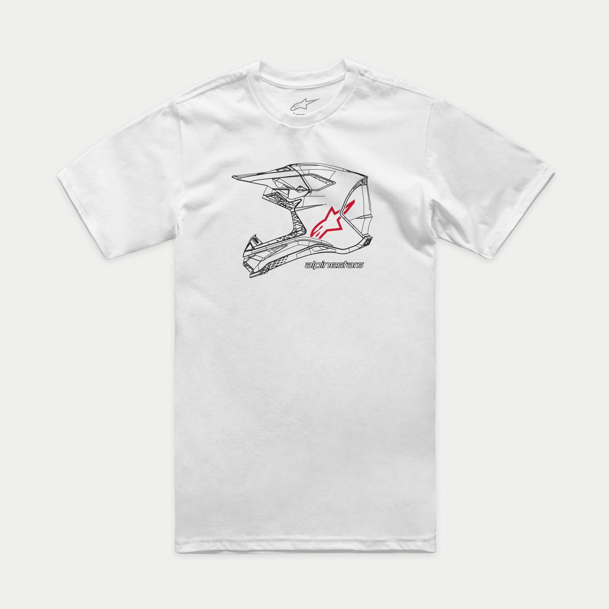 Camiseta Alpinestars MX Helmet CSF, camiseta de manga corta, blanca, gráfico frontal negro de un casco de motocross con logotipo de estrella roja y marca Alpinestars, ropa deportiva casual inspirada en el motorsport