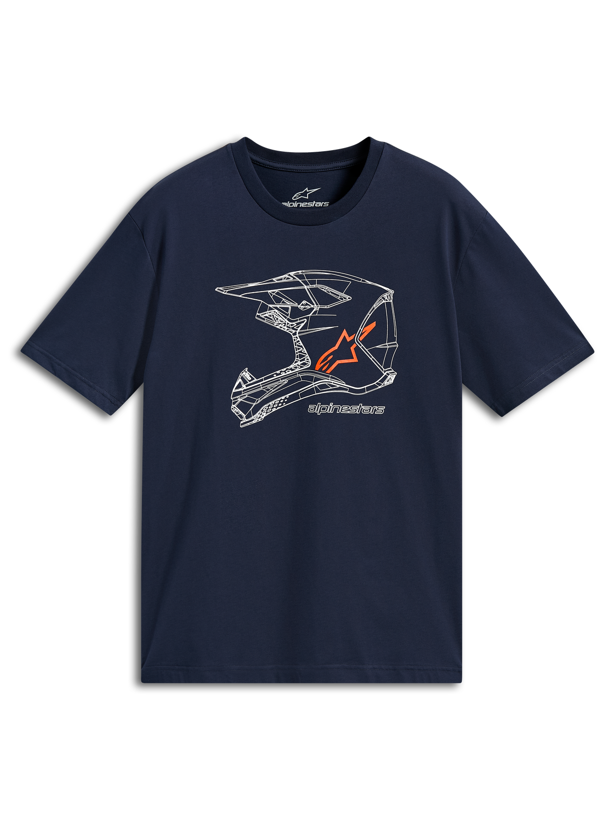 Alpinestars MX Helmet CSF Tee, camiseta de manga corta en azul marino, gráfico de arte lineal de un casco de motocross en blanco con logotipo naranja, ropa deportiva casual de motor