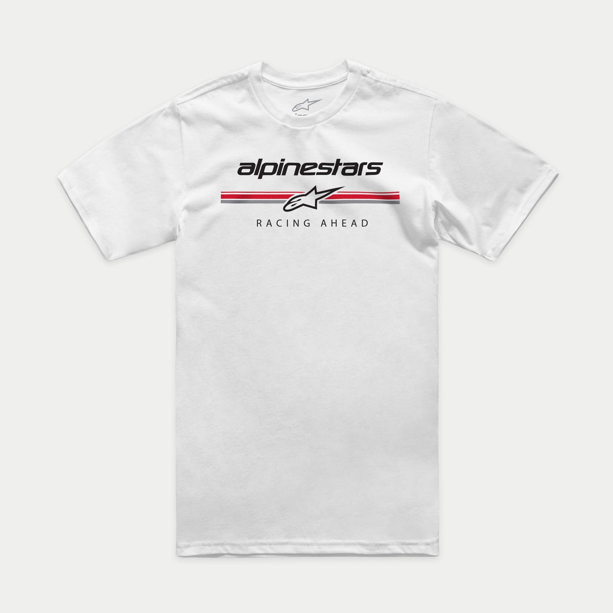 Camiseta Alpinestars Betteryet CSF, camiseta de manga corta para hombre, blanca, logotipo estilo paddock en el pecho frontal con rayas rojas y grises y texto Racing Ahead, ropa deportiva casual de motor