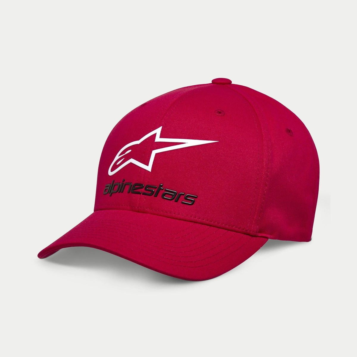 Gorra Always 2.0 de Alpinestars, gorra deportiva, roja, contorno del logotipo de estrella en blanco con texto Alpinestars en negro, visera curva con corona estructurada, ropa de calle casual de automovilismo