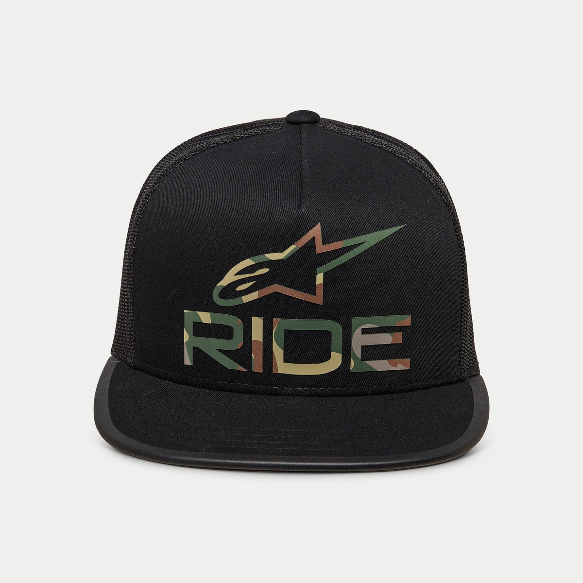 Alpinestars Ride 4.0 Camo Trucker Hat, Black trucker-style snapback hat, featuring camo-patterned logo and 'RIDE' text on a structured crown, flat bill, breathable black mesh back, casual motorsport-inspired design