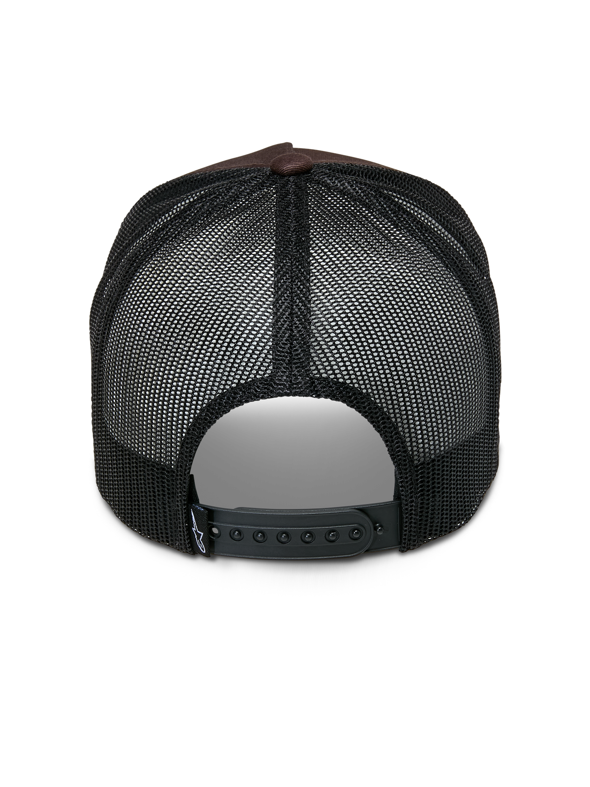 Gorra Trucker Heritage Patch de Alpinestars, gorra tipo trucker, marrón y negra, vista trasera que muestra los paneles de malla negra, cierre snapback ajustable y pequeño detalle de logotipo blanco en la correa
