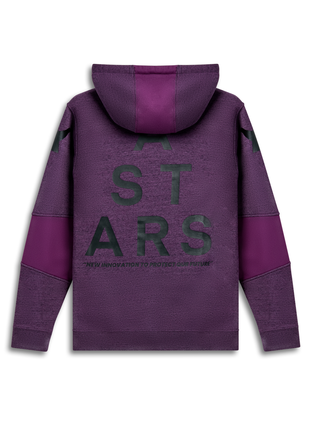 Alpinestars Perpetuate Sudadera con capucha, sudadera morada con capucha y bloques de tela, vista trasera con gráfico de texto en la espalda