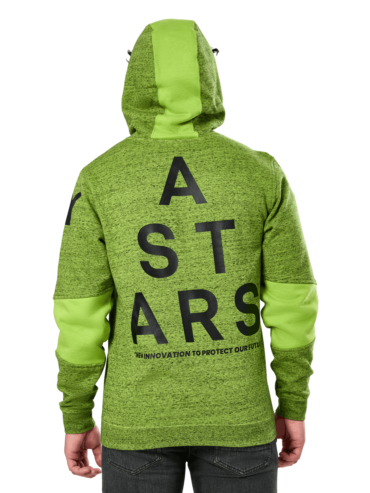 Alpinestars Perpetuate Hoodie, vista trasera, forro polar jaspeado verde lima con bloques de tela verde sólido en la capucha y las mangas, gráfico grande ASTARS en negro en la espalda, ropa urbana casual de inspiración motorsport