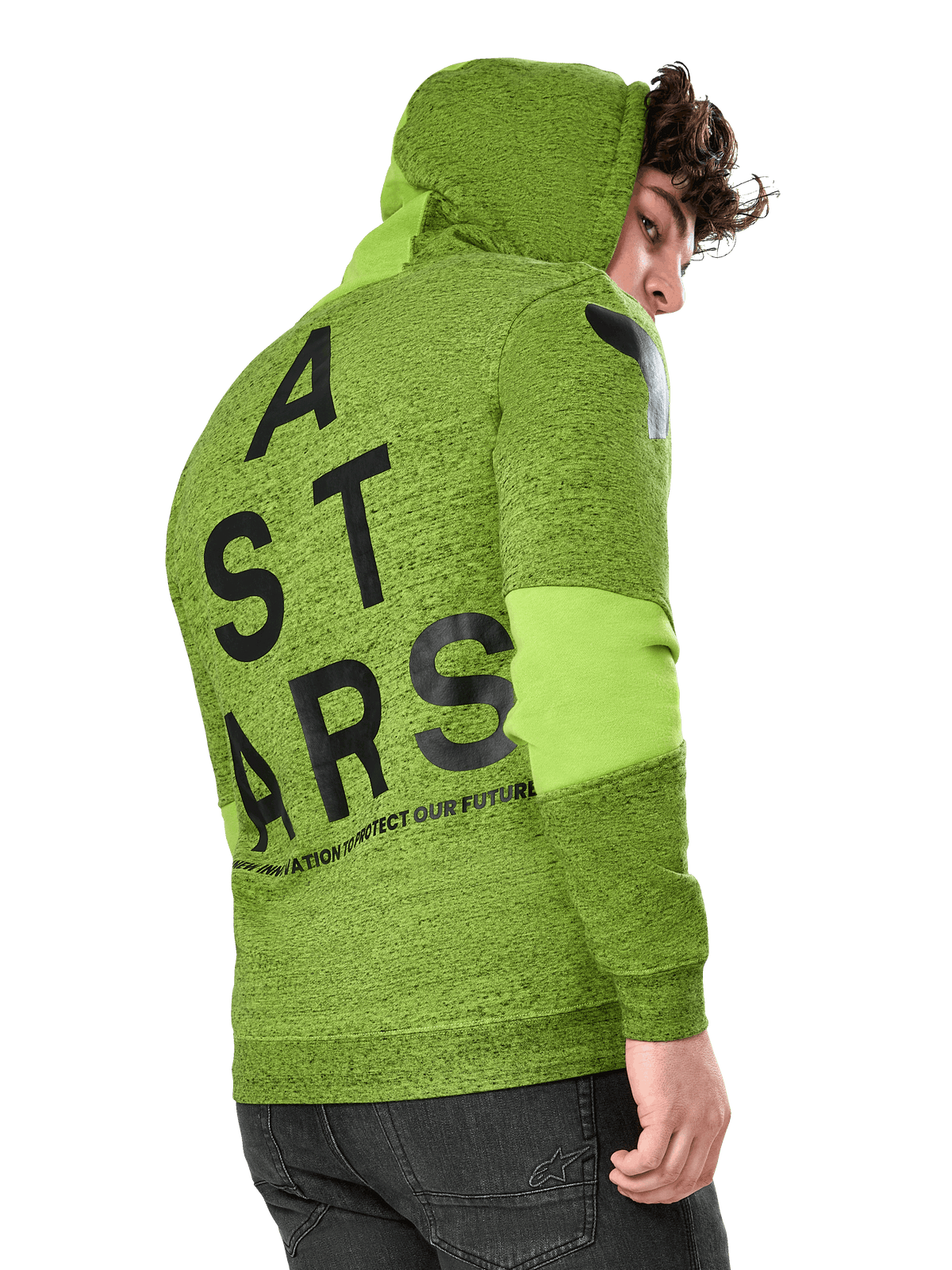 Sudadera con capucha Alpinestars Perpetuate, sudadera deportiva casual, forro polar jaspeado verde lima, vista posterior con un gran gráfico vertical ASTARS en negro en la espalda y logotipo en el hombro, bloques de tela en las mangas, capucha con cordón, moda urbana moderna inspirada en el automovilismo.