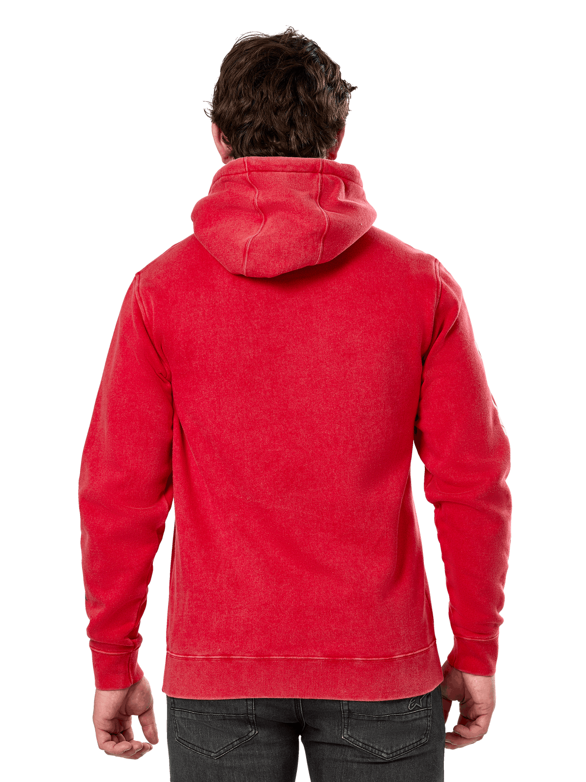 Sudadera con capucha Unbound de Alpinestars, vista trasera de sudadera de forro polar roja teñida en prenda, estilo urbano casual, con puños y dobladillo de canalé, capucha con forro propio, combinada con pantalones oscuros