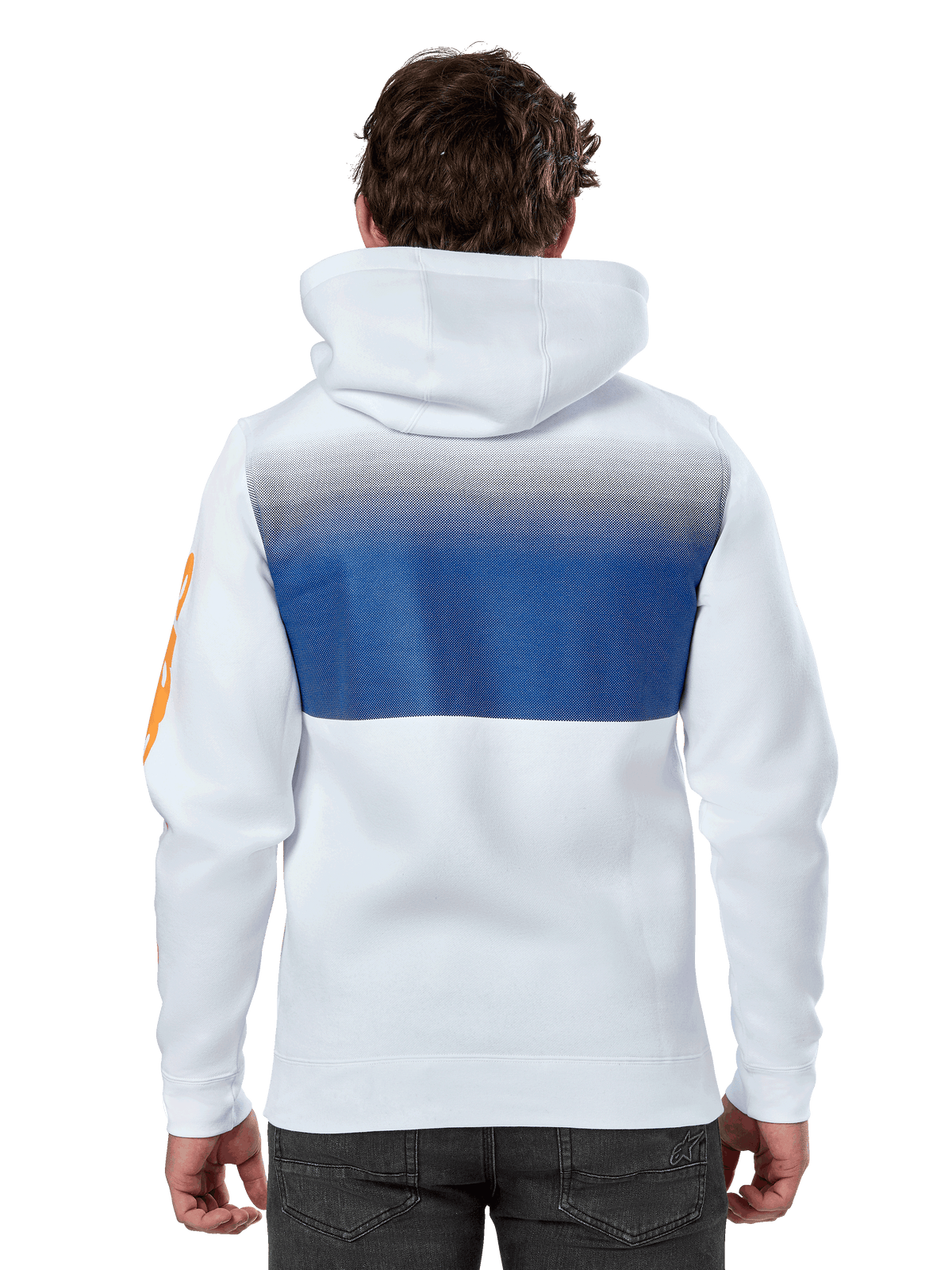 Alpinestars Specter Hoodie, blanca, sudadera urbana casual con un estampado degradado en azul en la espalda, logotipo naranja en la manga, vista posterior