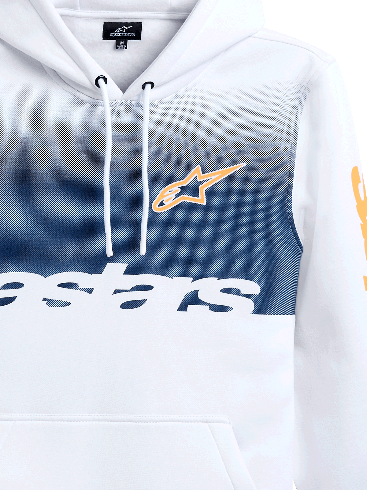 Sudadera con capucha Alpinestars Specter, blanca con un estampado degradado en azul marino, con el logotipo de la estrella de Alpinestars en naranja y marca denominativa en blanco, sudadera casual de forro polar inspirada en el automovilismo con capucha con cordón ajustable