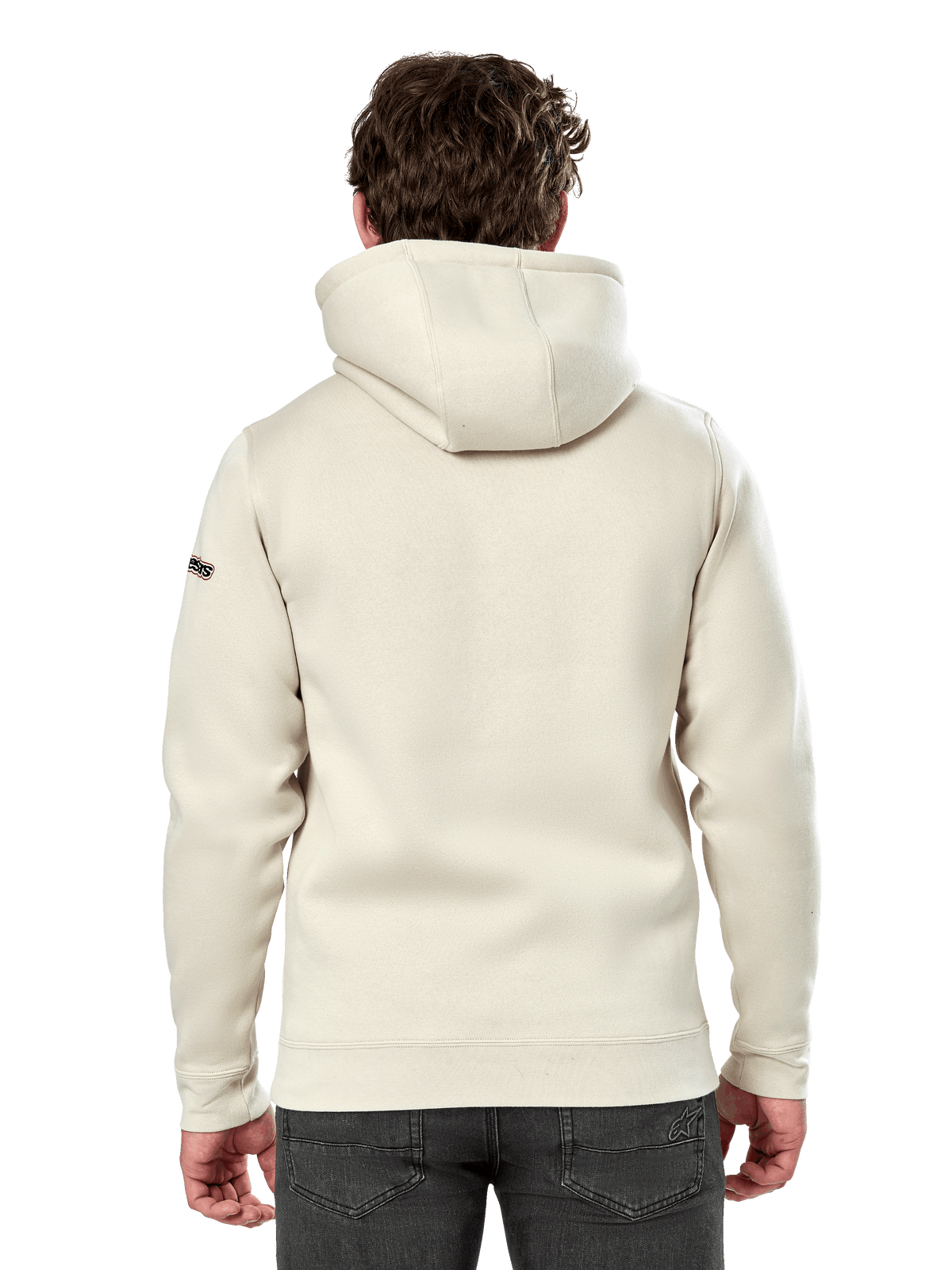 Sudadera Alpinestars Insignia Hoodie, vista trasera de un hombre con una sudadera de forro polar informal, color Off White, con capucha forrada y puños de canalé, ropa urbana inspirada en el automovilismo