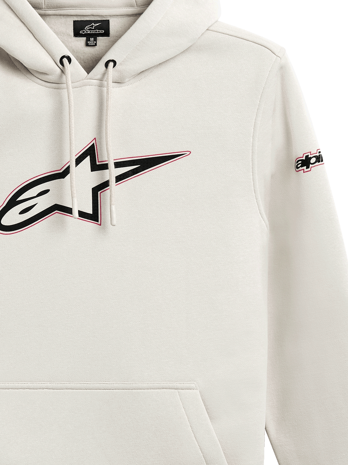 Alpinestars Insignia Hoodie, sudadera informal de forro polar en color blanco roto, logotipo Astars grande en el pecho con contorno rojo, logotipo en la manga, capucha con cordón, bolsillo tipo canguro y diseño inspirado en el automovilismo